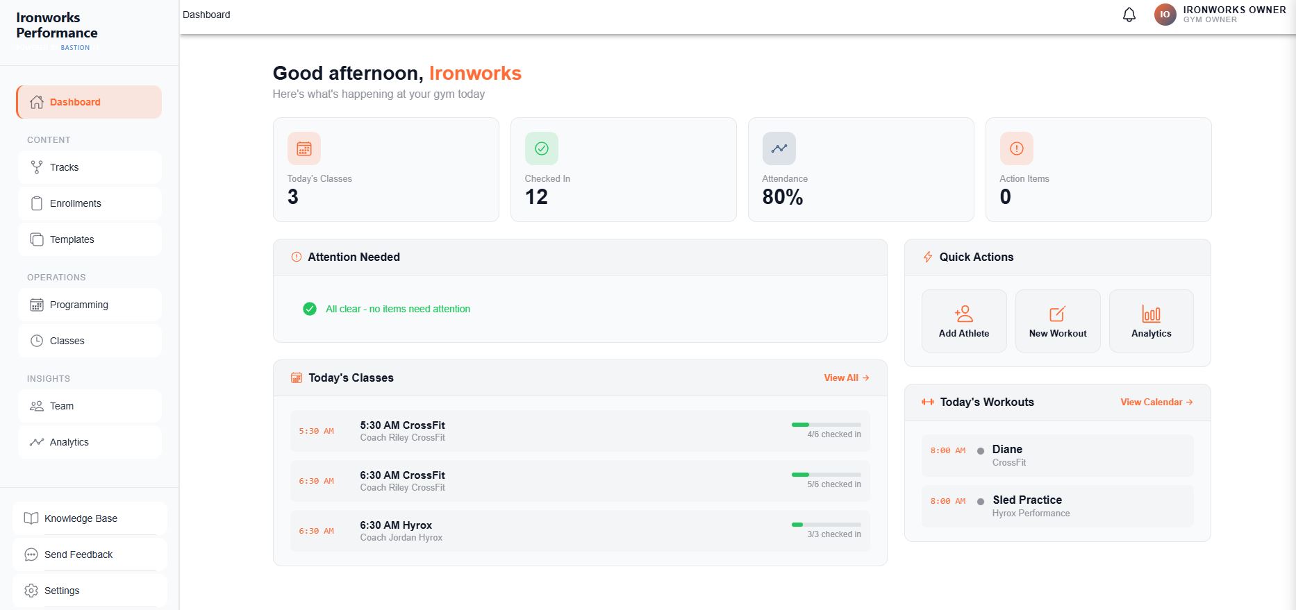 Bastion dashboard showing today's classes, check-ins, attendance, and quick actions