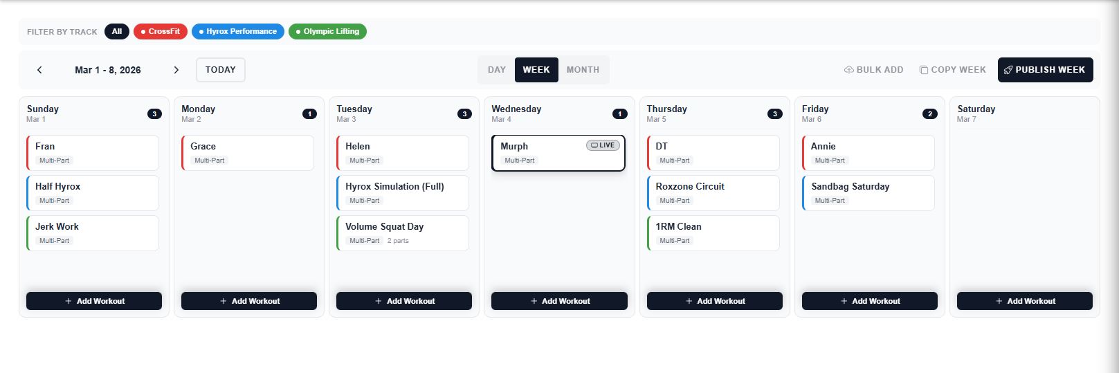 Bastion programming calendar showing CrossFit, Hyrox, and Olympic Lifting workouts side by side