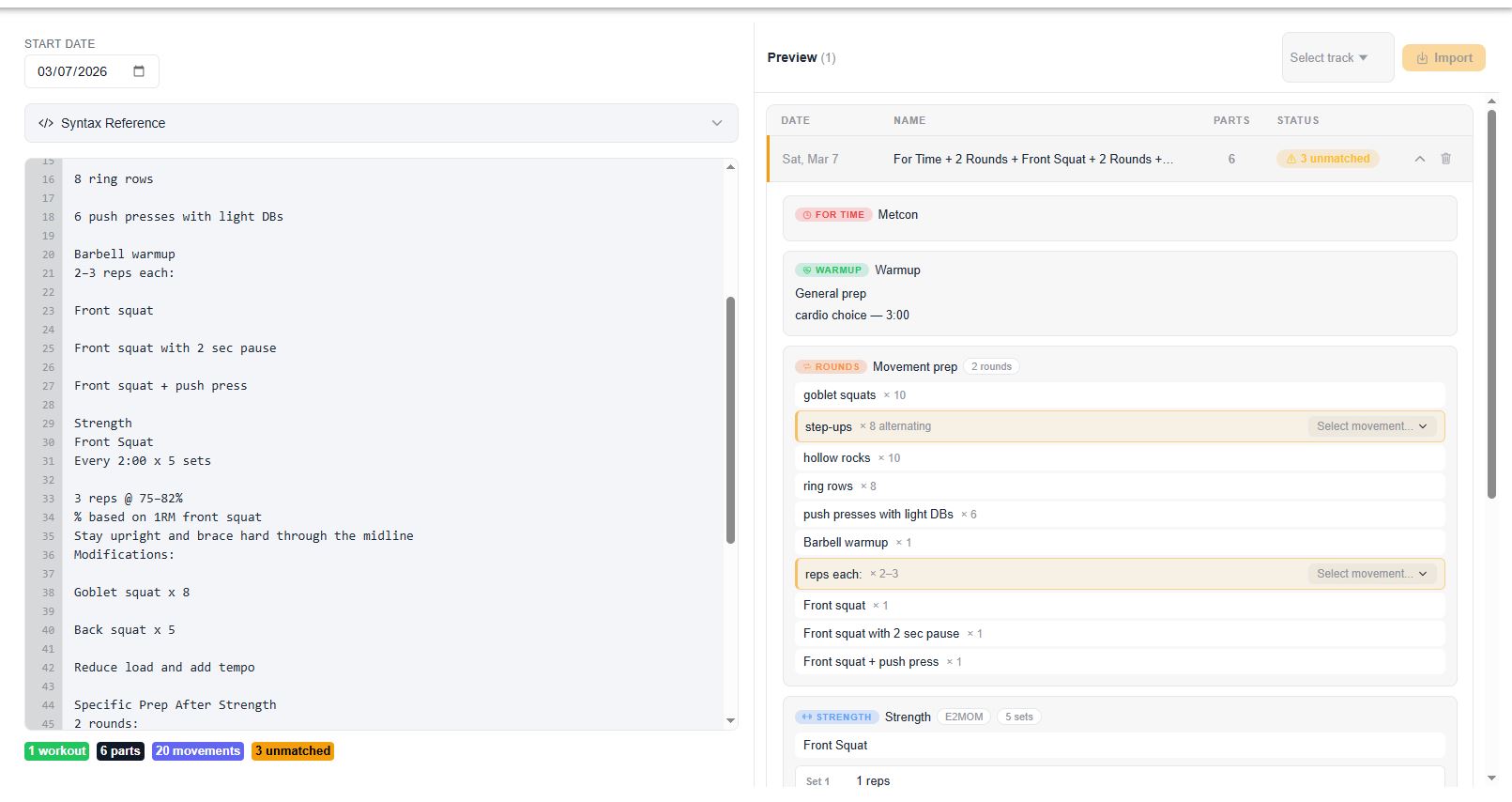 AI workout parser turning pasted coach notes into structured parts with movement matching