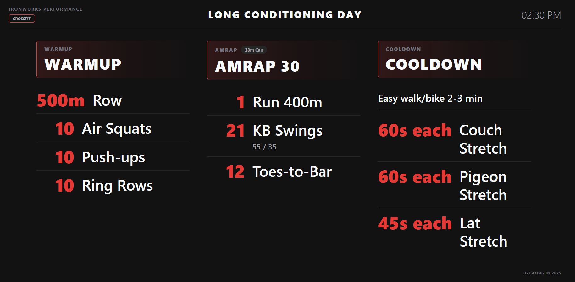 TV display mode showing today's workout parts in a gym-friendly layout