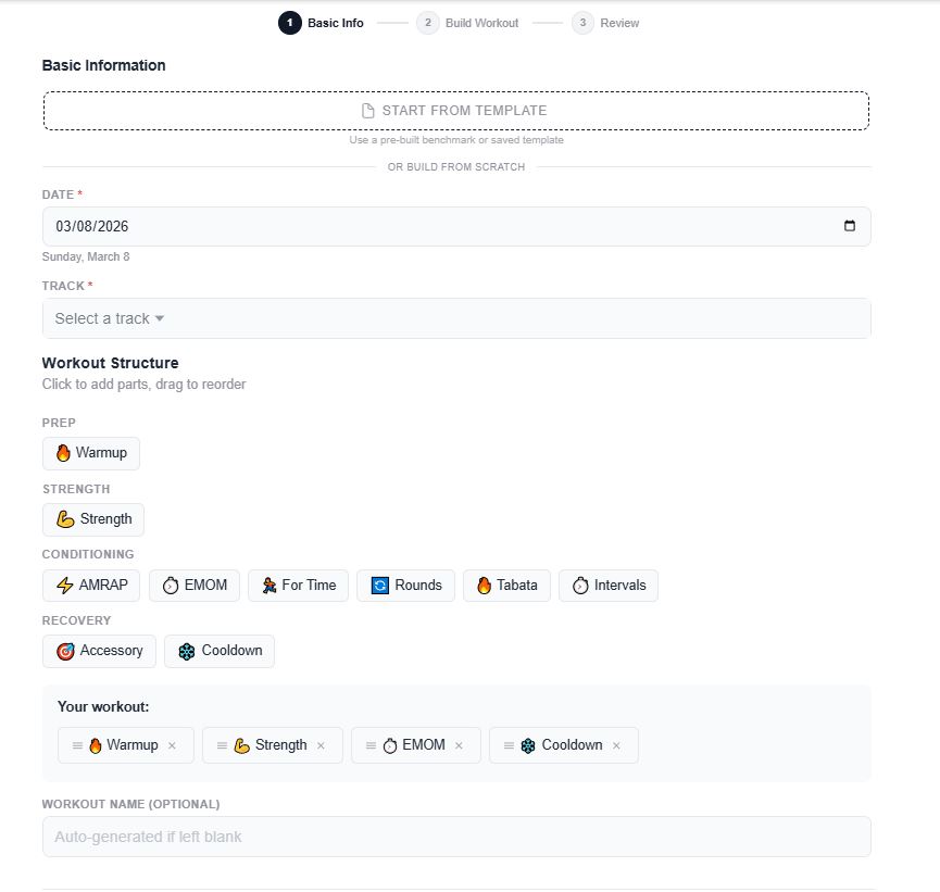 Workout builder screen showing parts like Warmup, Strength, EMOM, and Cooldown