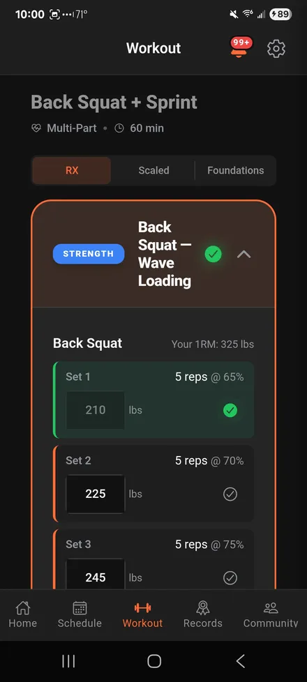 Bastion mobile workout screen showing back squat percentages logged with athlete-specific weights