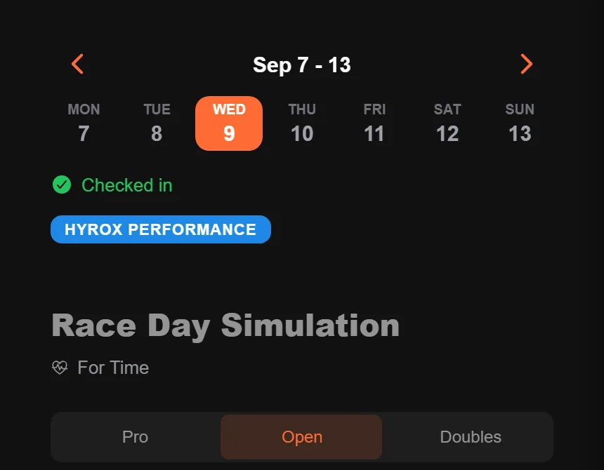 Athlete view of a Hyrox race day simulation with division tabs